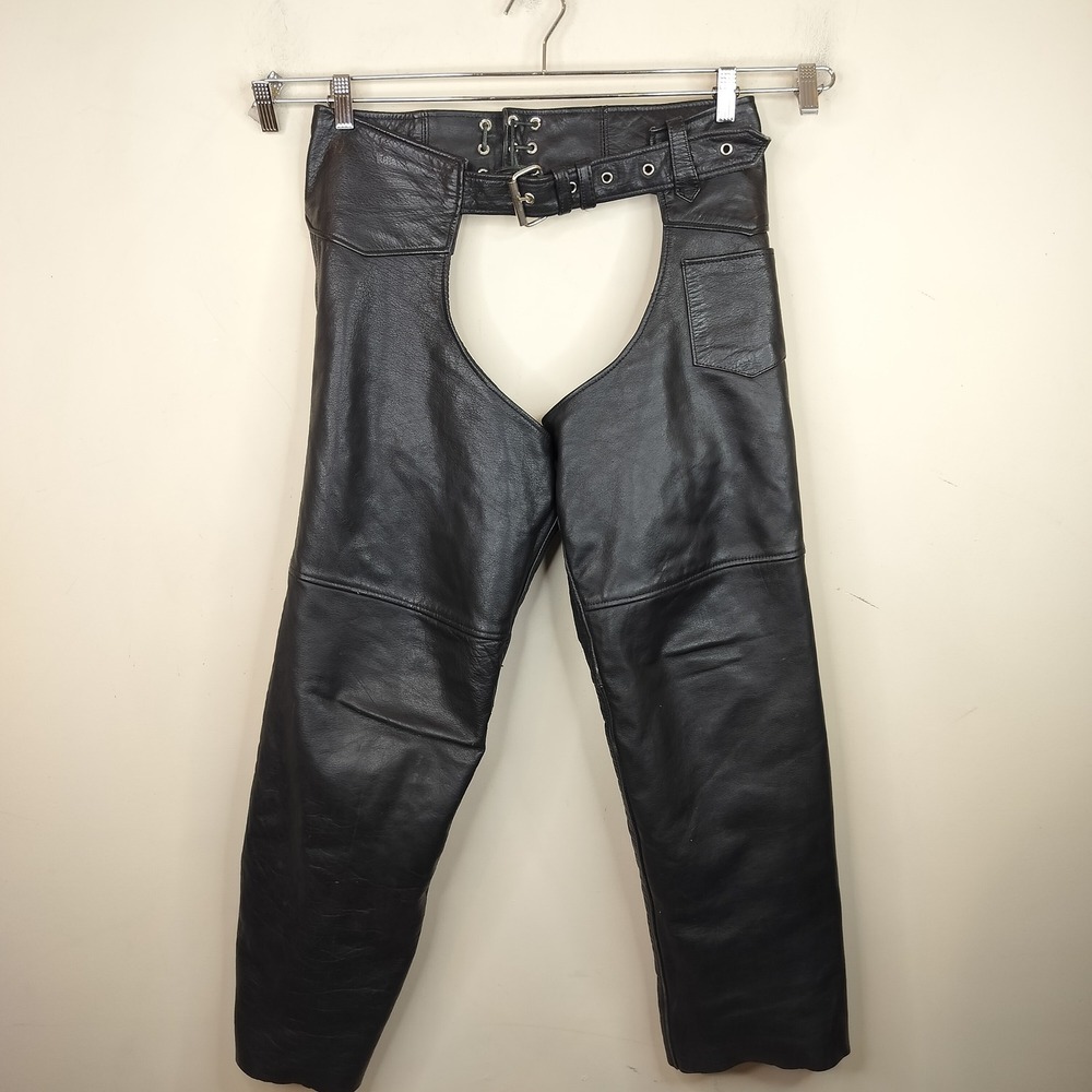 Interstate Leather Motorcycle Chaps XL (34-42) Belted Buckle Side Zip Biker
